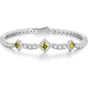 Birthstone 4mm Sterling Silver Tennis Square Gemstone Bracelet - 08-Peridot